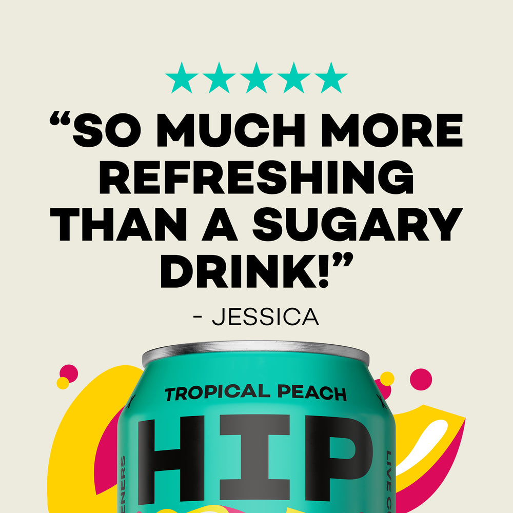 Teal can of 'Tropical Peach HIP' with text about refreshment on a beige background