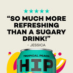 Teal can of 'Tropical Peach HIP' with text about refreshment on a beige background