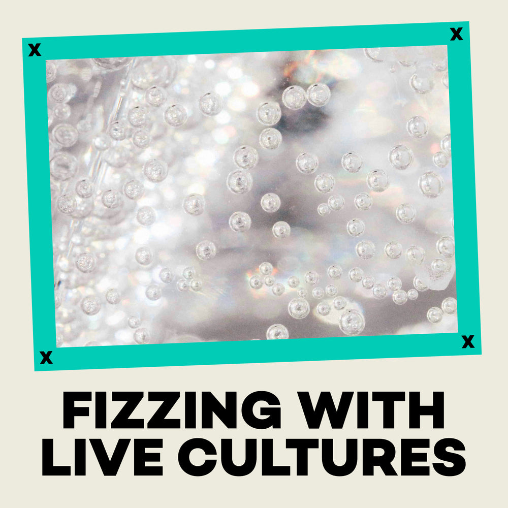 Close-up of bubbles with text 'Fizzling with Live Cultures' on a beige background
