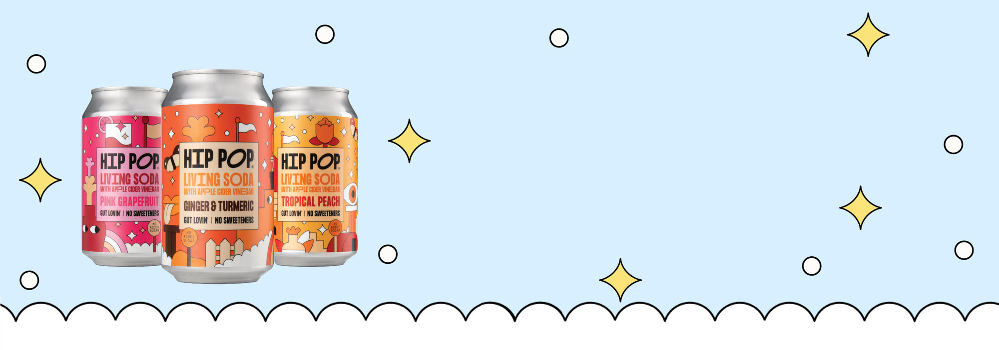 Hip Pop Living Soda range with a branded background